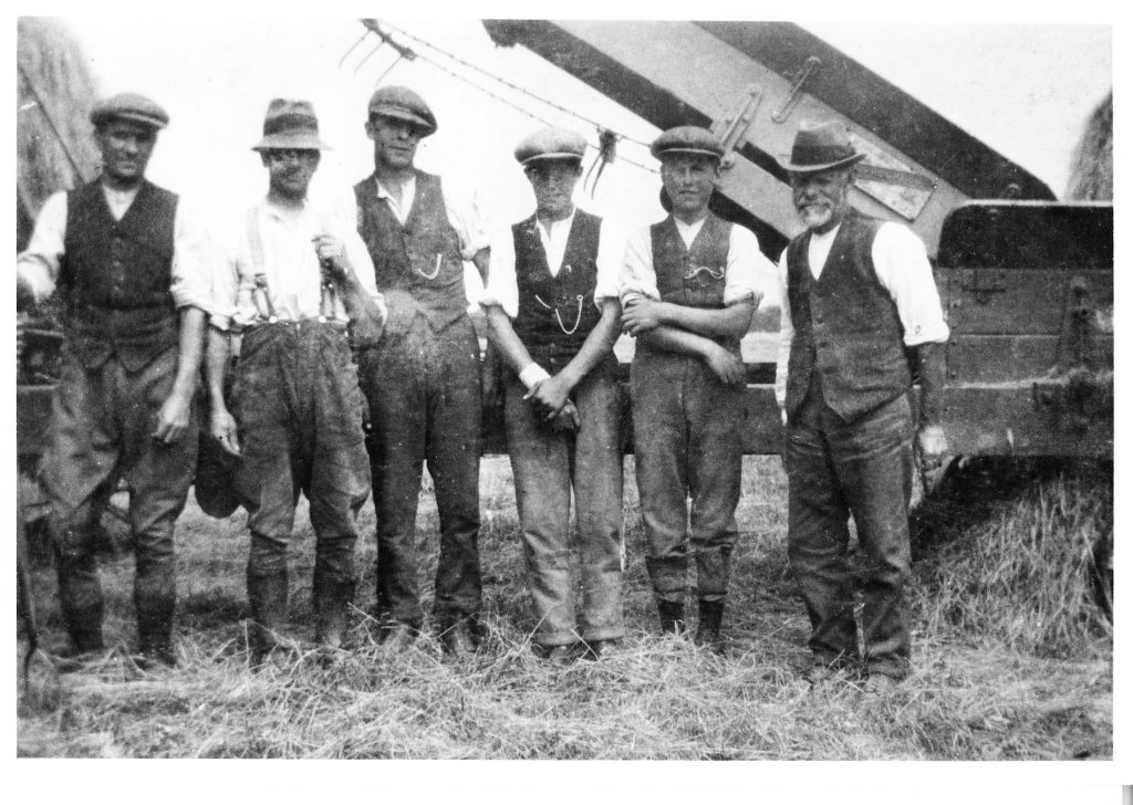 1925. Haymaking for the C.W.S. 1. Bill Rumming, 2. Jack Rumming, 3. Jack Fell, 4. Jim Rumming, 5. Frank Matthews, 6. John Butler.