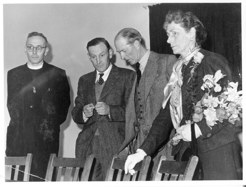 1955. Taken at the opening of the new village hall, Compton Bassett, 11th May - the Benson Hall. Rev Vernon Thomas, Mr Ron Rogers, Capt. Guy Benson, Lady Violet Benson