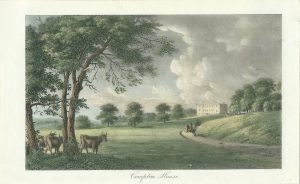 1792 Compton House, north-west elevation with main entrance. Painting view from west. Track toward Cherhill, where Upper Lodge will be built 1828. House is without embattled parapets which were added during 1820s/1830s.