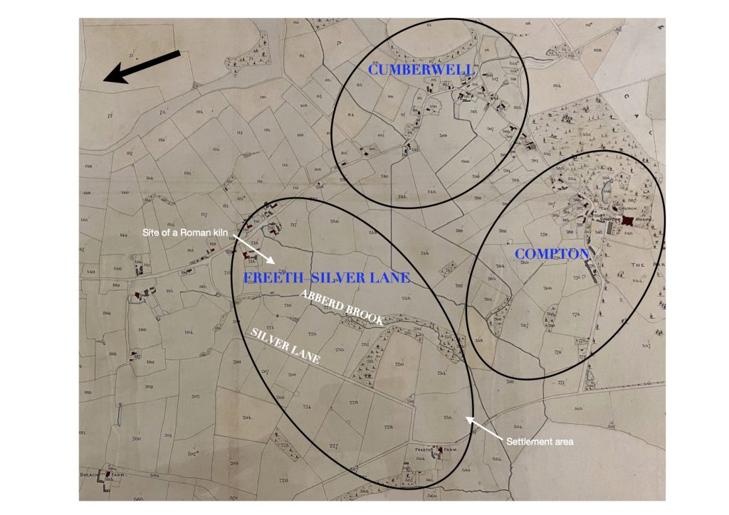 1839 Tithe map annotated to show the Compton and Cumberwell estates and possible location for the third settlement described in the Domesday survey.