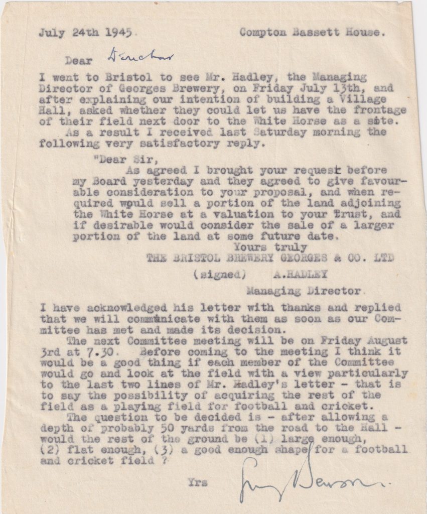 Letter from Guy Benson to Rev George Deuchar re Georges Brewery and site for new hall 1945