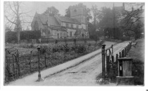 1925 St Swithins Church, Compton Bassett. Part of the old Compton House can be seen top right corner. The gates across the drive entrance were taken away early 1930s. the pathway to the church was gravelled and maintained by the church. The drive led to the stables and the "mansion"