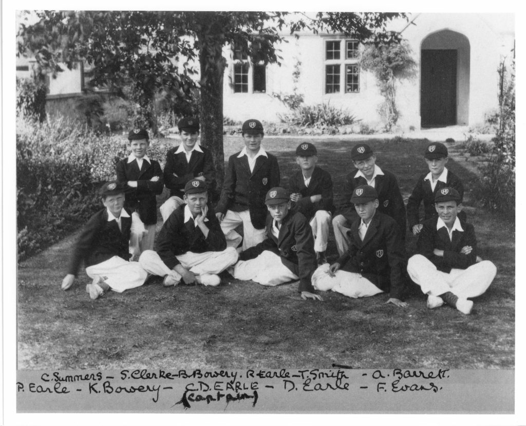 1933 Compton Bassett "Future Mens Cricket Club". Photo taken on the front lawn of Manor Farm. The club formed by Capt. & Mrs Fielding-Johnson. A prepared area of the field (now known as "Cricket Field") was fenced off with iron railings. The pitch and outfield was maintained by Mr Arthur Bradfield - a well known cricketer in the district. He also coached club members and was in charge of the team. As the photo shows, we all had our own flannels, blazer and cap initialled FMCC - issued by Capt. Fielding-Johnson (for matches only). The also supplied all the equipment needed. For all home games they would lay on a super tea in the shed (still standing) in the corner of the front paddock. When Mrs Fielding-Johnson's sons were home from college, 4 of the village boys had to drop out so that they could play. In the photo they are all in the team - Diccon Earle (Captain); David Earle, Peter Earle; Robin Earle. I was one of the boys dropped, still we didn't really mind because we still had our tea! Front row (from left) 1. Peter Earle; 2. Ken Bowery; 3. Diccon Earle (Captain) 4. David Earle; 5. Fred Evans. Back Row (from left) 1. Charlie Summers; 2. Sid Clarke; 3. Bob Bowery; 4. Robin Earle; 5. Tom Smith; 6. Austin Barrett.