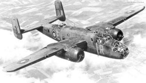 One of over 500 B-25 Mitchell II bombers used by the RAF. This one, EV-R belongs to 180 Squadron and is shown flying over Holland in October 1944
