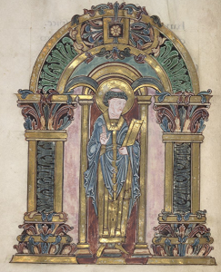 St Swithin shown in golden episcopal vestments. Taken from The Benedictional of St Æthelwold c.971– 984. British Library, London.