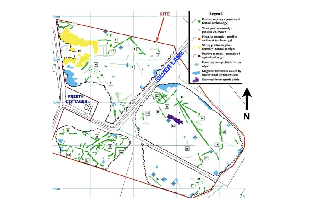 2015 Geophysics survey. A large number of buried features such as pits, ditches and enclosures were revealed. In the south-western field (containing numbers 21-26), likely paths, droveways and buried structures indicate a possible settlement area.