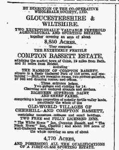 Announcement of the Compton Bassett and Down Ampney estates sale placed in The Times on 14th March 1929.