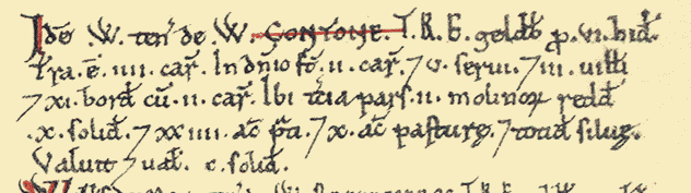 Fragment from the Wiltshire page in Domesday Book detailing a third estate in Contone (Compton).