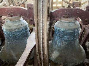 Seen here are two of the three 1621 bells cast by Roger Purdue I of Bristol and mounted in the 1965 cast-iron frame manufactured and installed by John Taylor & Co.