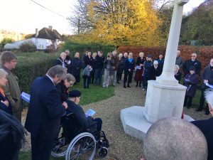 1918–2018 centenary service at the War Memorial. Villager Alan Lewis, proud recipient of the highest French order of merit, the Légion d’Honneur, is reading the names of those who were lost in both world wars.